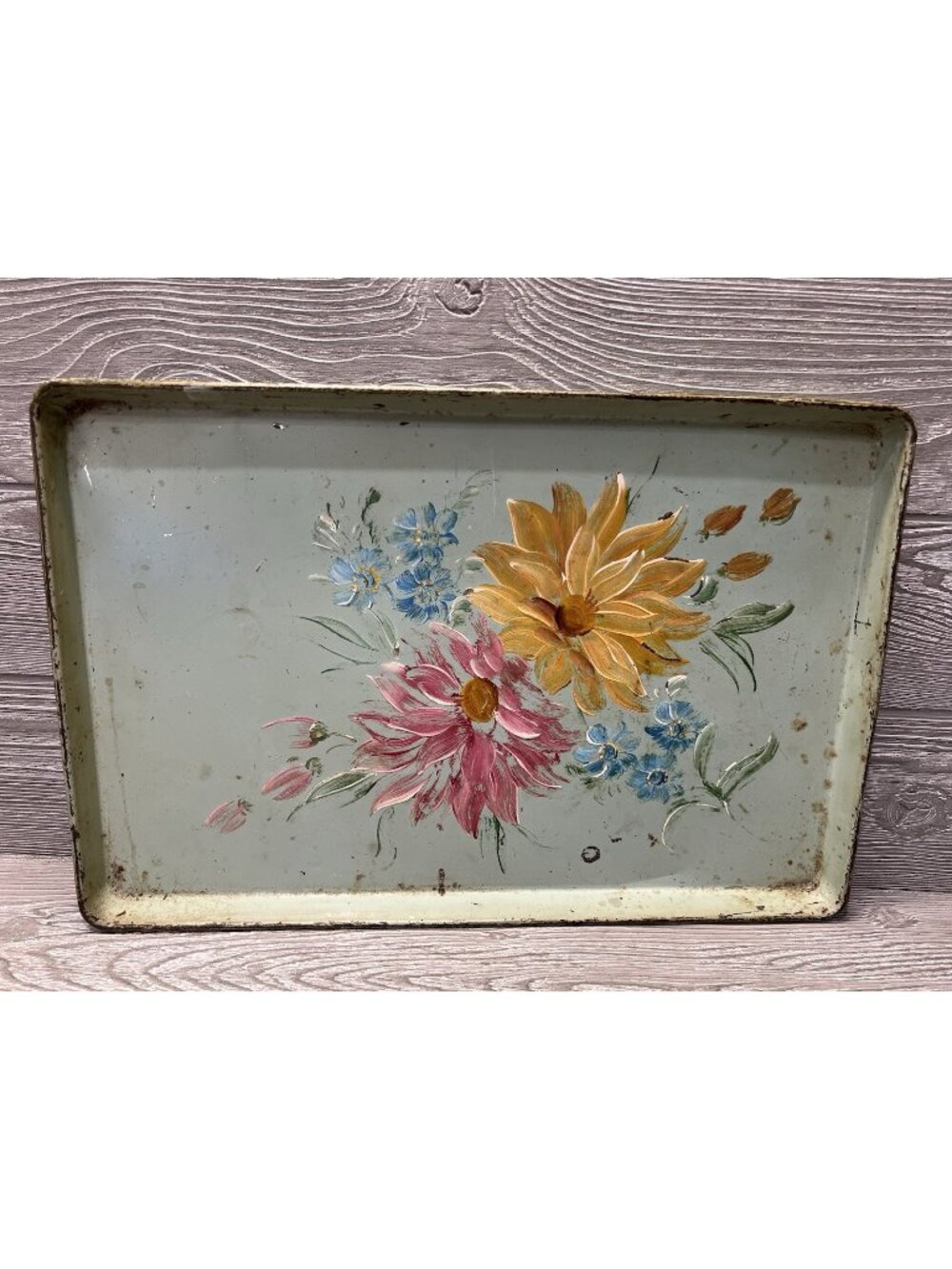 Vintage Tray Handpainted Floral Design Rustic Distressed 11.5” X 17.75”